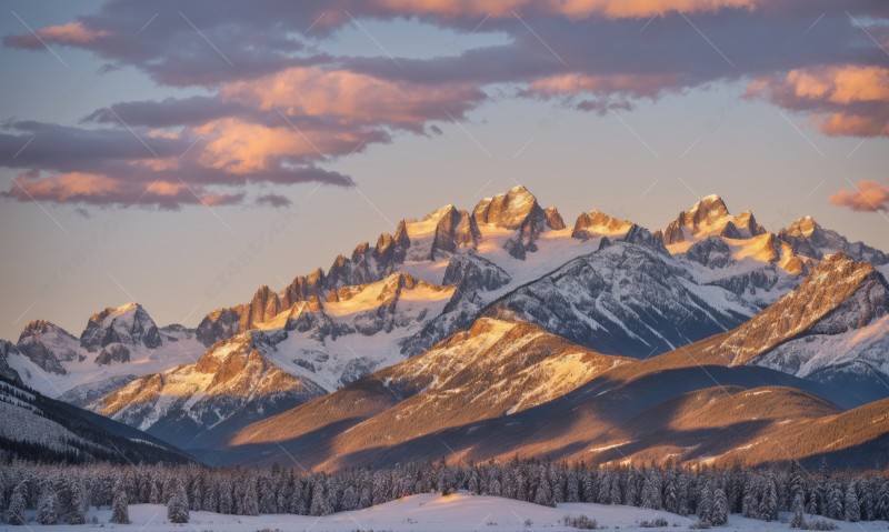 Sunset over a snowy mountain range