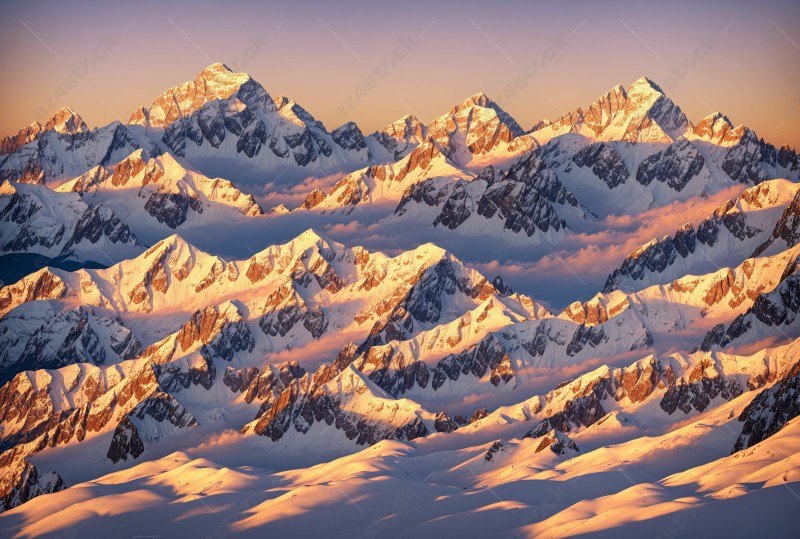 Sunset over a snowy mountain range  03