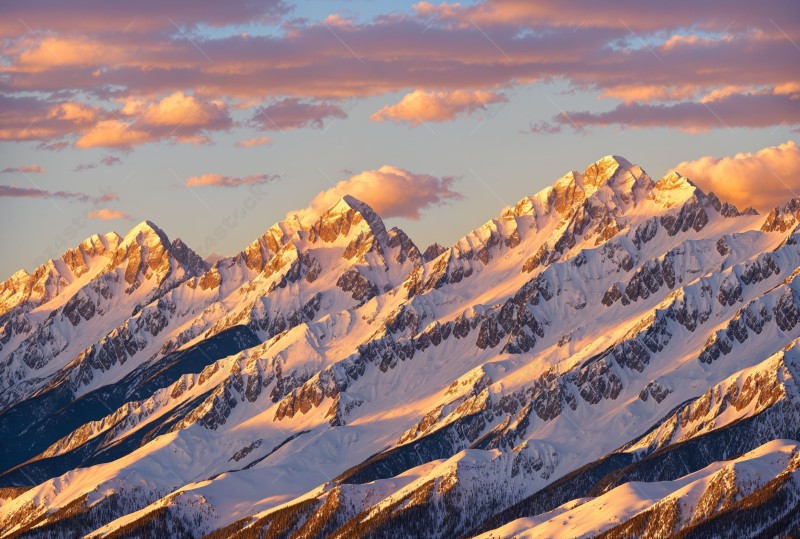 Sunset over a snowy mountain range  04