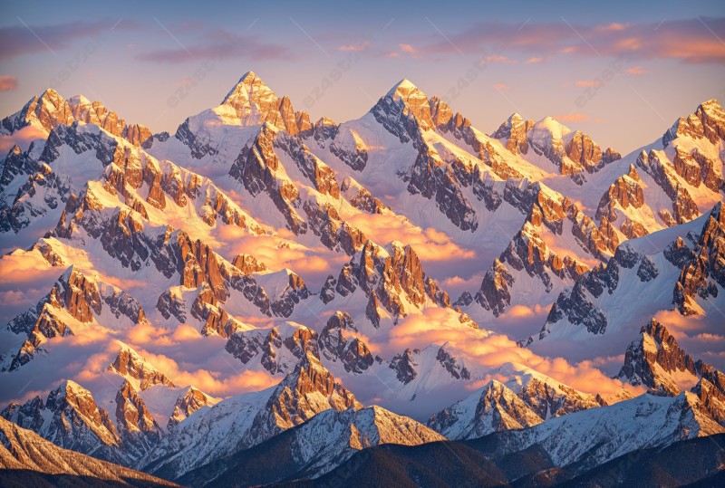 Sunset over a snowy mountain range  05